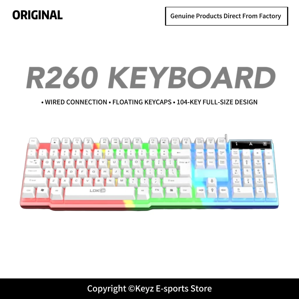 R260 Wired USB Keyboard 104 Keys Full Size with Suspended Keycaps and Switchable LED Light Effect