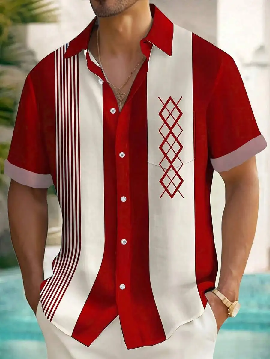 

Мужская повседневная рубашка с геометрическим принтом в красно-белую полоску в ретро-стиле на пуговицах