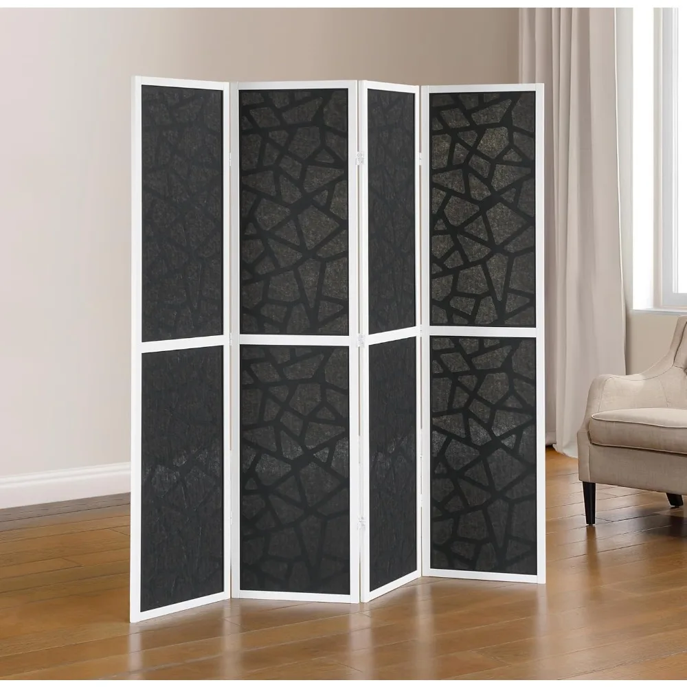 4-Panel Wood Room Divider, Folding Portable Partition Screen, Black Screen with White Frame