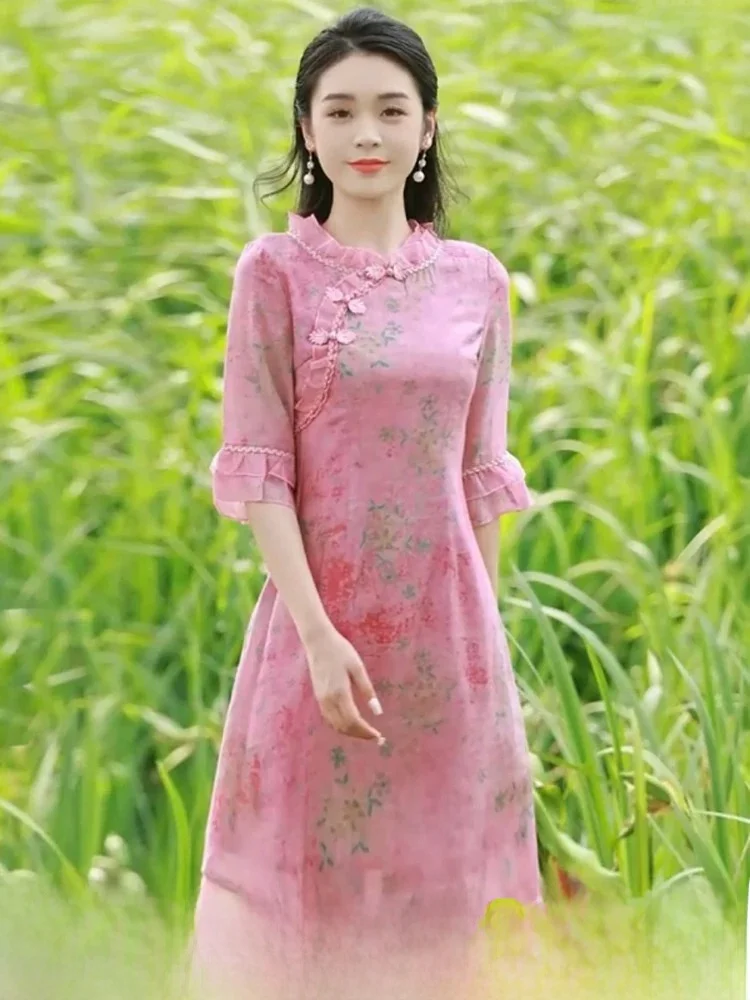 

New Chinese Style Waist-Cinching Flag Dress Small Size Floral Print Firework Ironing Summer New Arrival Retro Print Short Qipao