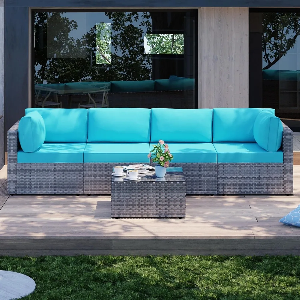 5 Pieces Patio Furniture Set, Silver Gray PE Wicker Furniture Conversation Sets with Washable Cushions & Glass Coffee Table