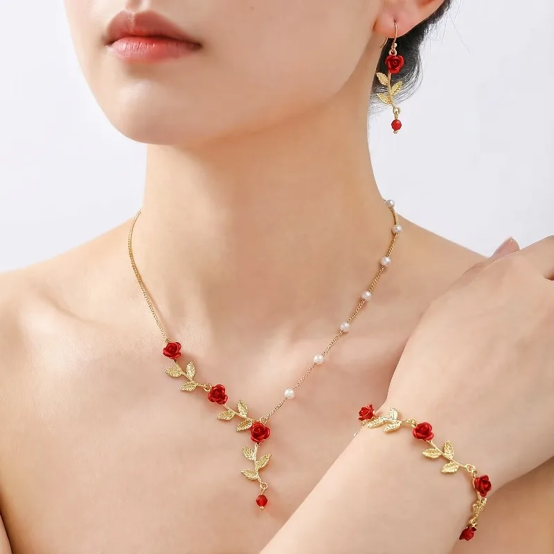 Juego de 4 Piezas de Joyería de Estilo Retro con Colgante de Rosa Roja, Collar, Pendientes y Pulsera para Mujer, para Uso Diario, Banquetes y Fiestas, Accesorios de Regalo