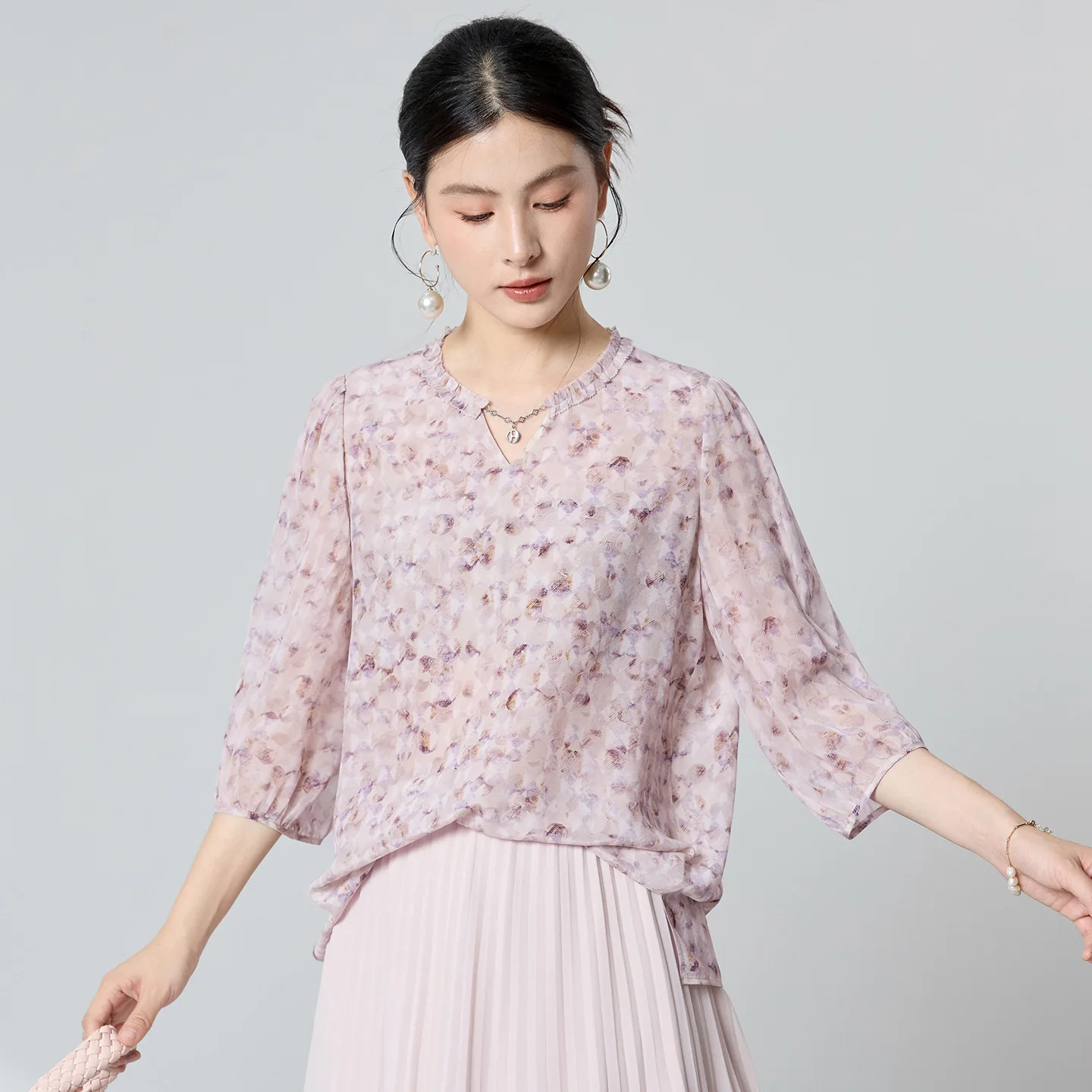 

Original 100% Mulberry Silk Gentle 2026 New Short Printed Lantern Sleeve Top Women's Versatile Shirt
