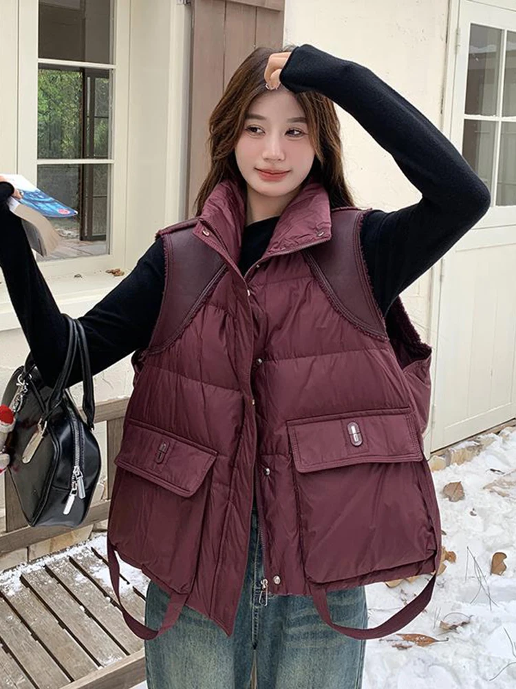 LANMREM Cotton Padded Vest Coats For Women Lapel Zipper Red Warm All Match Coats With Pocket 2024 Winter Female Clothing 2DB1202