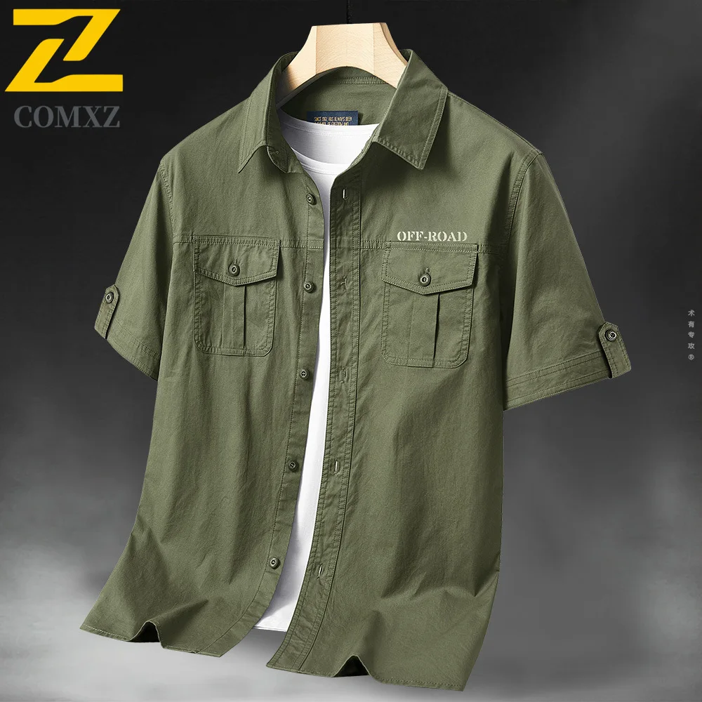 Hunting Work Shirts Men's Summer Trendy Pure Cotton Loose Multi-Pocket Button Short-Sleeved Shirt Casual Hiking Fishing T-Shirt