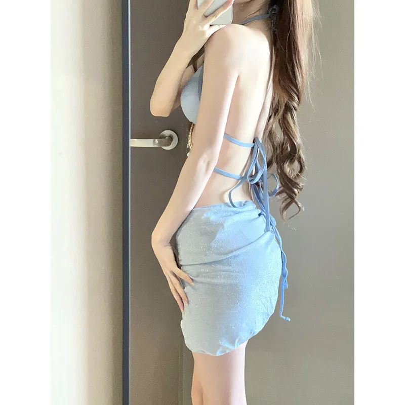 Swimwear Woman 2025 Sexy Bikini Set with 3pcs/set Fresh Split Swimsuit Diamond Chain Lacing Low Waist Hot Spring Beach Dress