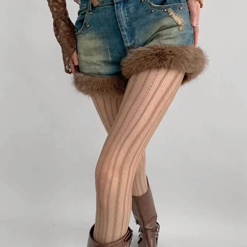 

L5YC Women Hollowed Lace Tights Geometric Striped Jacquard Solid Pantyhose