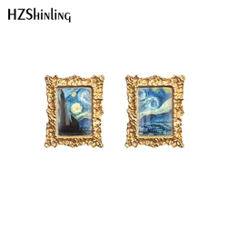 2022 New Van Gogh Cafe Terrace Stud Earring Sunflower Painting Square Earrings Retro Art Printed Glass Photo Jewelry