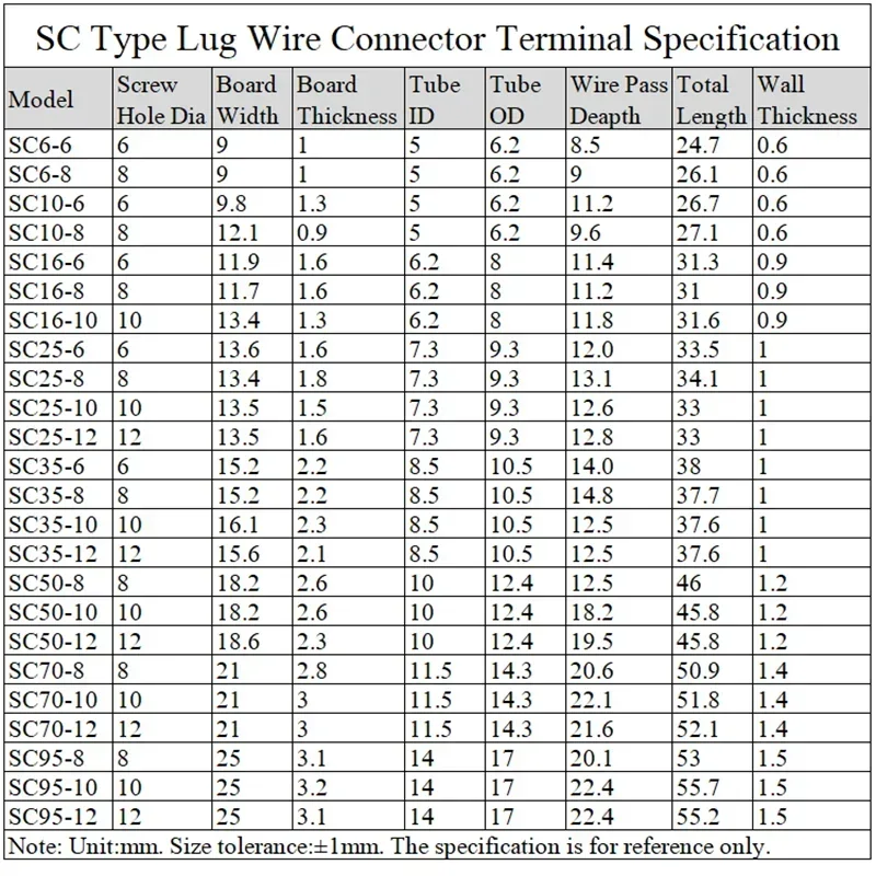 SC Type Wire Nose Terminal Bare Copper SC6 SC10 SC16 SC25 Battery Block Lugs Hole ID 6mm 8mm 10mm Crimp DTGA Cable Connector