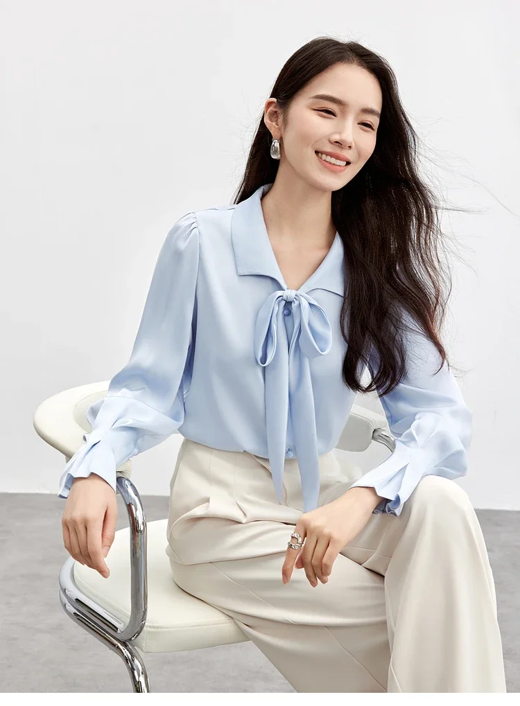 SENTUBILA Satin Women Shirt Straight 2025 Spring Office Lady Solid Bow Petal Sleeve Workwear Blouses Female Clothes 151C57896