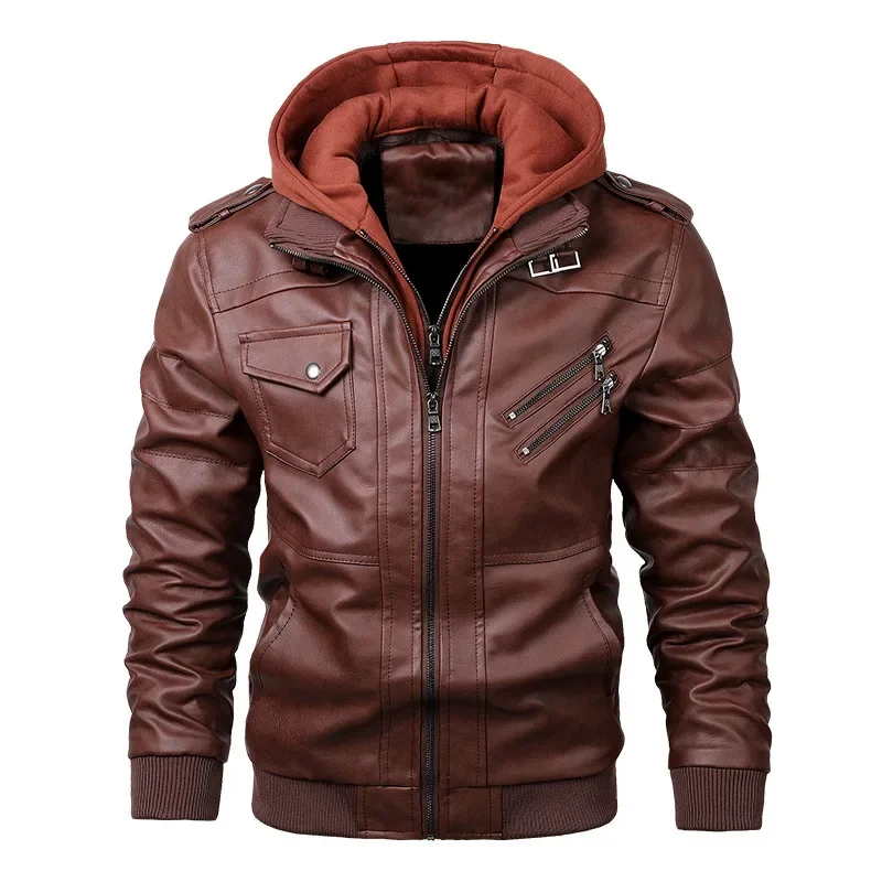 

2025 Men Spliced PU Leather Faux Leather Cardigan Solid Zipper Hooded Jackets Pockets Loose Fit Outerwear High Street Man Jacket