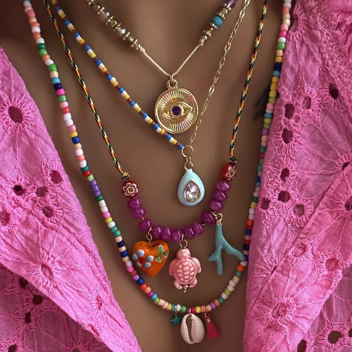 KMVEXO 4Pcs/Set Eye Heart Turtle Shell Pendant Necklaces Charm Accessories Stacked Colorful Beads Necklace Party Jewelry