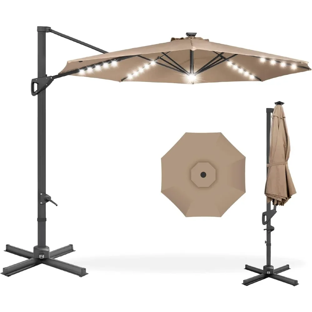 

Solar LED Cantilever Patio Umbrella, 360-Degree Rotation Hanging Offset Market Outdoor Sun Shade for Backyard, Deck, Poolside