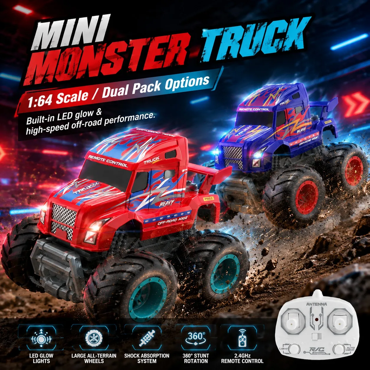 1:64 RC Dinosaur Monster Truck 2.4GHz Remote Control Car LED Light All-Terrain Off-Road Vehicle Rechargeable Toy for Boy Kids