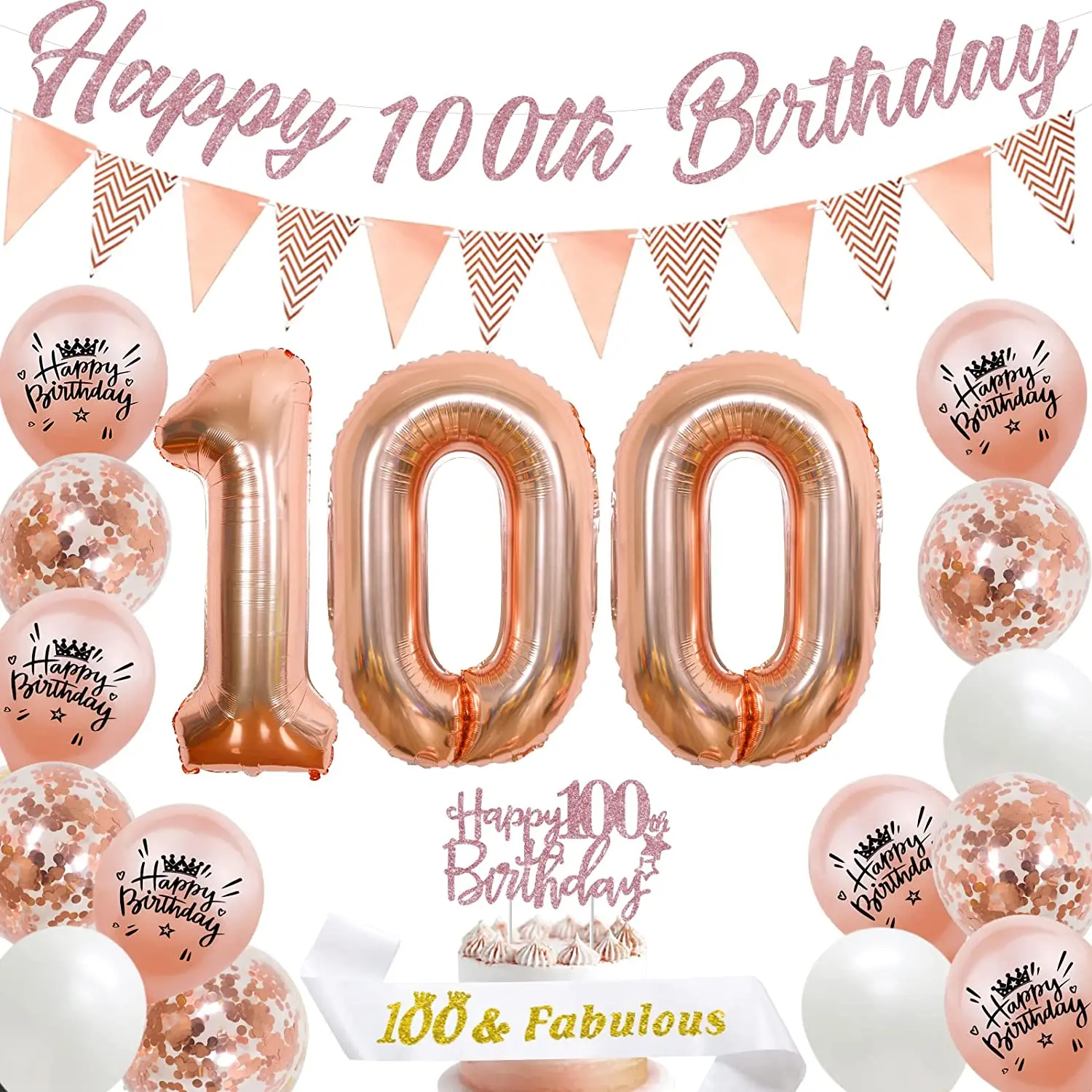 

JOYMEMO 100th Birthday Party Decorations Rose Gold Happy 100th Birthday Banner Number 100 Foil Balloons Women Birthday Supplies