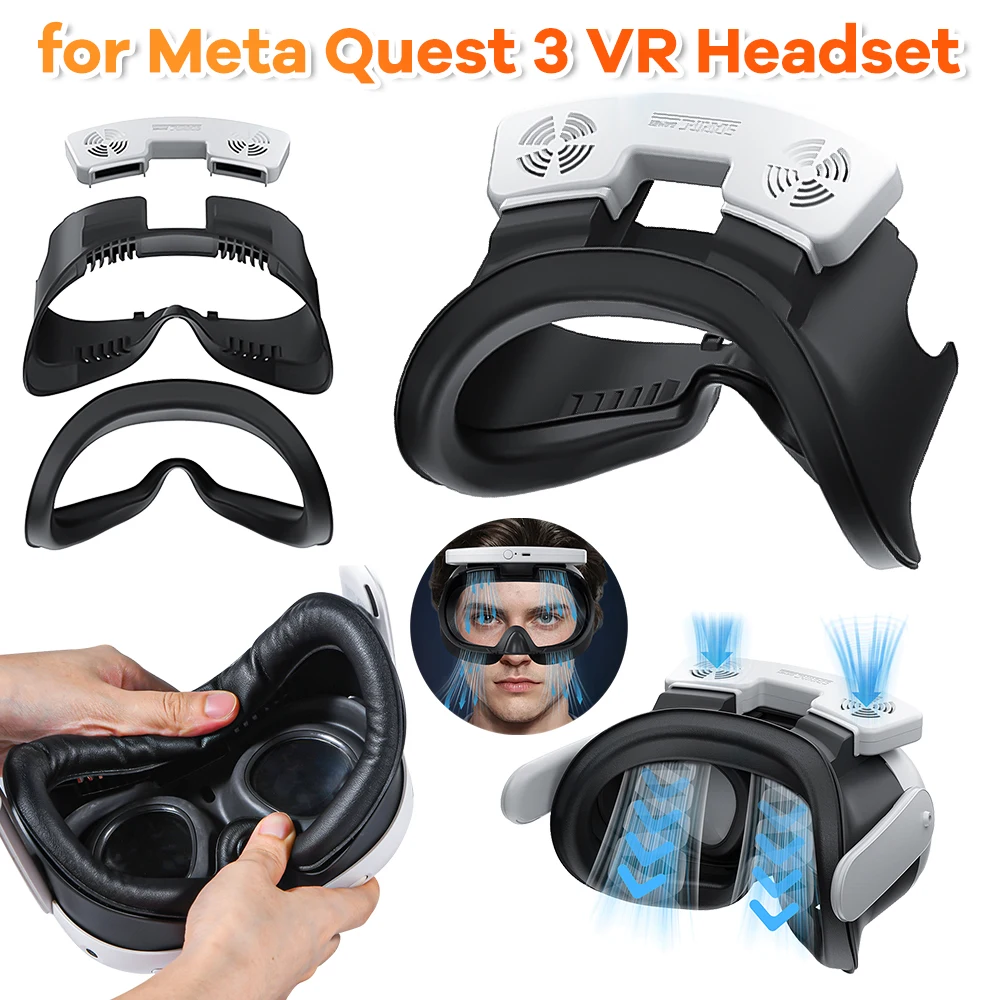 Facial Ventilation Fan Air Circulation Breathable VR Cooling Fan 3 Speeds with PU Face Cushion Pad for Meta Quest 3 VR Headset