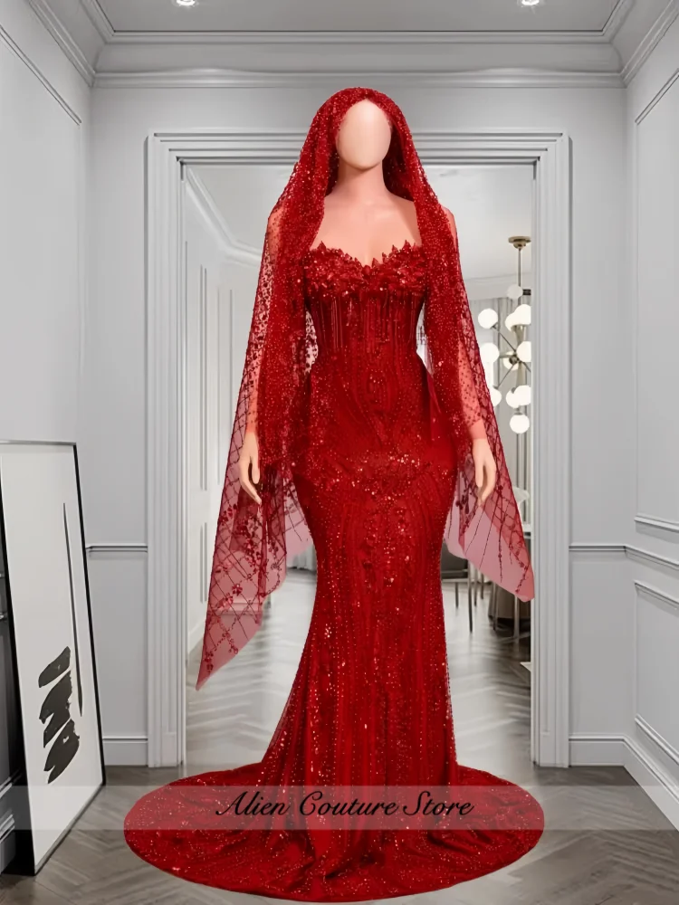 Glitter Red Rhinestone Matching Cape Veil Women Mermaid Prom Dress 2026 Formal Wedding Eveing Party Gown Customized