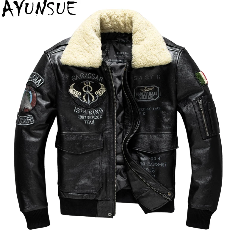 

AYUNSUE New in Jacket Cowhide Genuine Leather Bomber Jackets Autumn Winter Large Coats Fur Collar Jaqueta De Couro Masculino