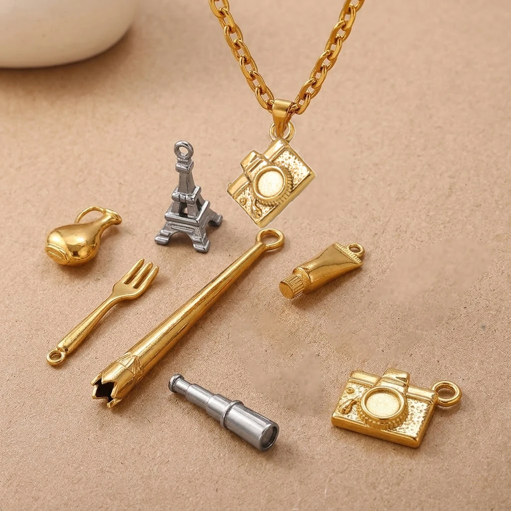 2 Stück Edelstahl-Gabel-Kamera-Eiffelturm-Anhänger DIY-Charms für Bastelarbeiten, Ohrringe, Halsketten, Schmuckherstellung, Retro-Accessoires, Bastelbedarf – Detail 1