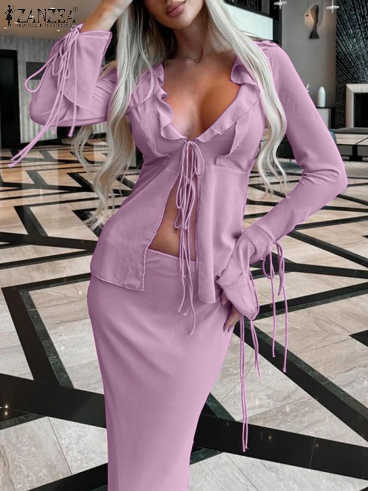 ZANZEA Women Well Fitting Two Piece Suits Sexy Solid Color Outfits Party Club Female 2pcs Dress Sets Vintage Drawstring 2025 Set