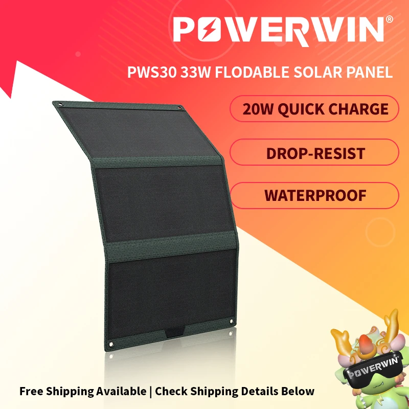 POWERWIN PWS30 33W Foldable Solar Panel for Camping, Hiking, Backpacking, Phone Charger, USB C, Power Bank, Outdoor