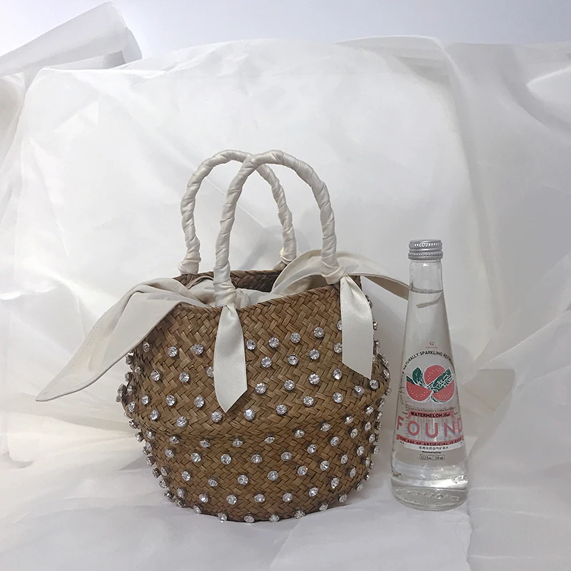 Diamonds Shine Summer Handmade Bags for Women Beach Weaving Ladies Straw Bag Wrapped Top Handle Handbags Totes Purses Luxury