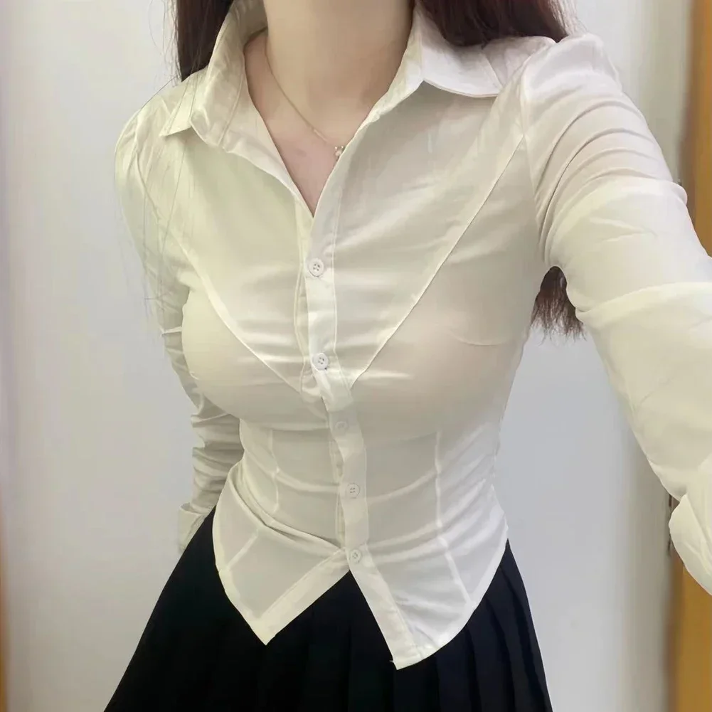 Sexy Slim Fit Shirt White Women Shirts Elegant Single-Breasted Lapel OL Office Blouse Ladies All-Match Long Sleeve Crop Tops