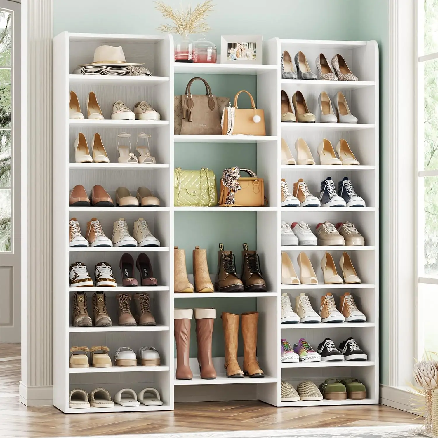 Wood Shoe Cabinet Storage Organizer, Freestanding Multi Tier Footwear Cubby Rack, Entryway Hallway Closet Footwear Tower, Large Capacity Modern Minimalist Furniture, White, Single Piece