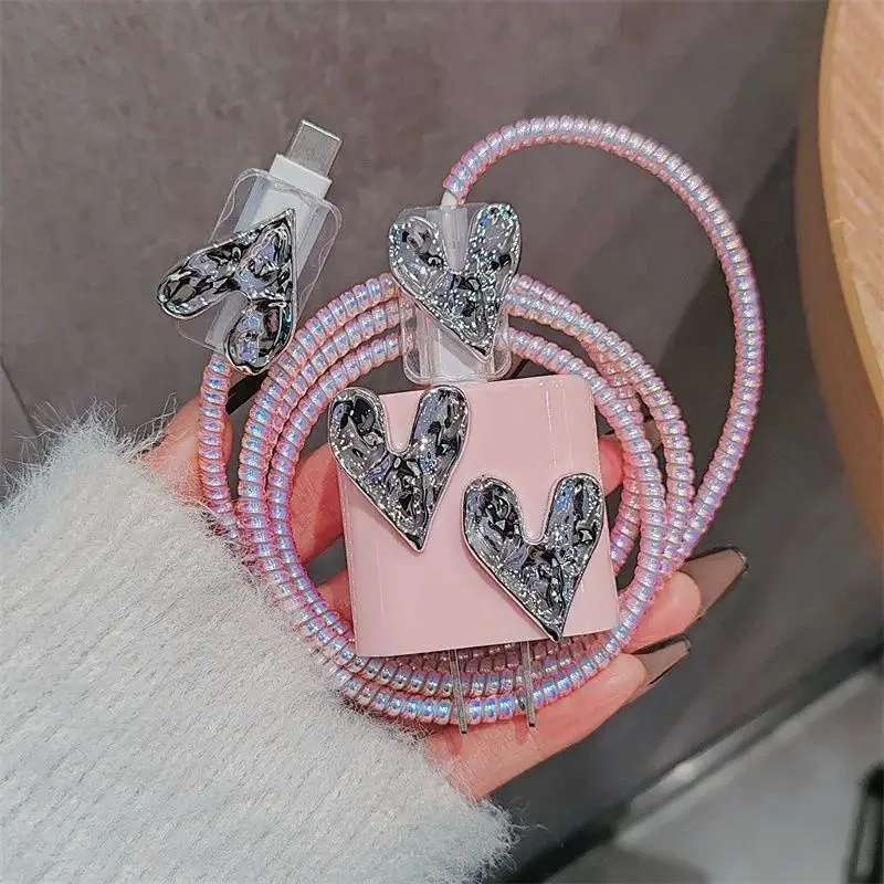 Cute Pink Heart Charger Protector Case 18W 20W Charger Head Cover Line Spiral Winder for iPhone 16 15 14 13 12 Pro Max