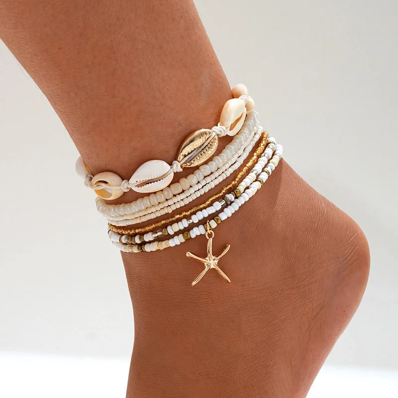 7pc/set Bohemian Rice Beads Starfish Pendant Anklet Set Fashion Summer Beach Sea Shell Multilayer Ankle Bracelet On Foot Jewelry