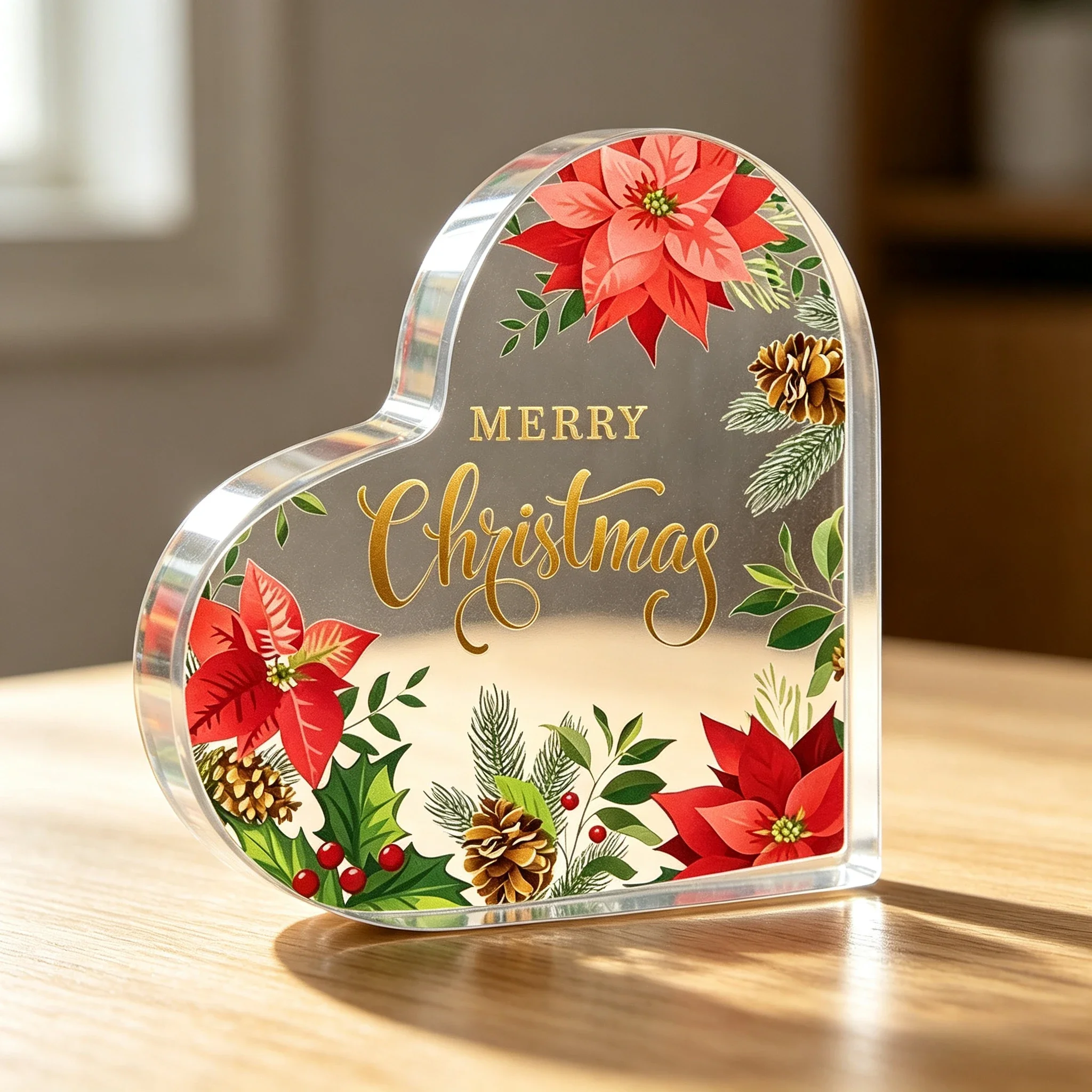 Merry Christmas Heart‑Shaped Acrylic Plaque, Poinsettia Pinecone Floral Table Decor