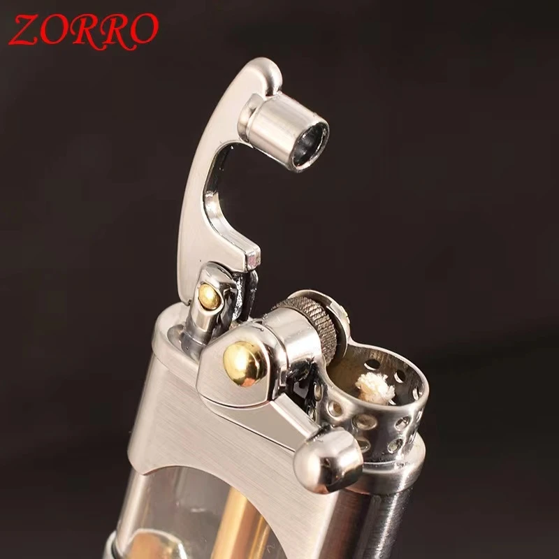 ZORRO Creative Rocker Kerosene Lighter Metal Visible Transparent Oil Bin Old Style Grinding Wheel Smoking Accessories Gadgets