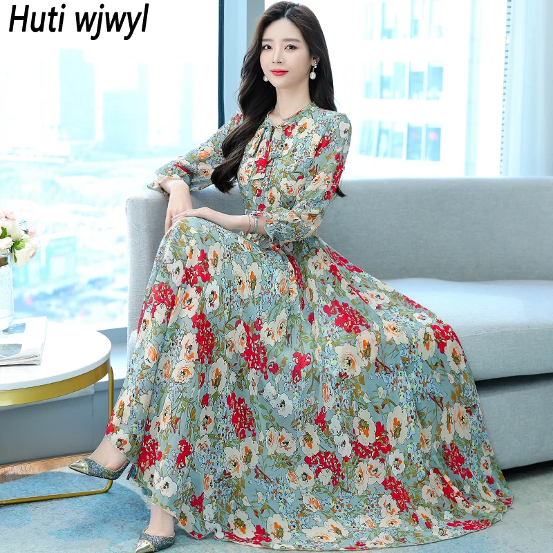 

2024 Floral Chiffon Chic Bow Collar Midi Dress Spring Autumn Elegant Bodycon Party Vestidos Women Korean Casaul Beach Long Dress