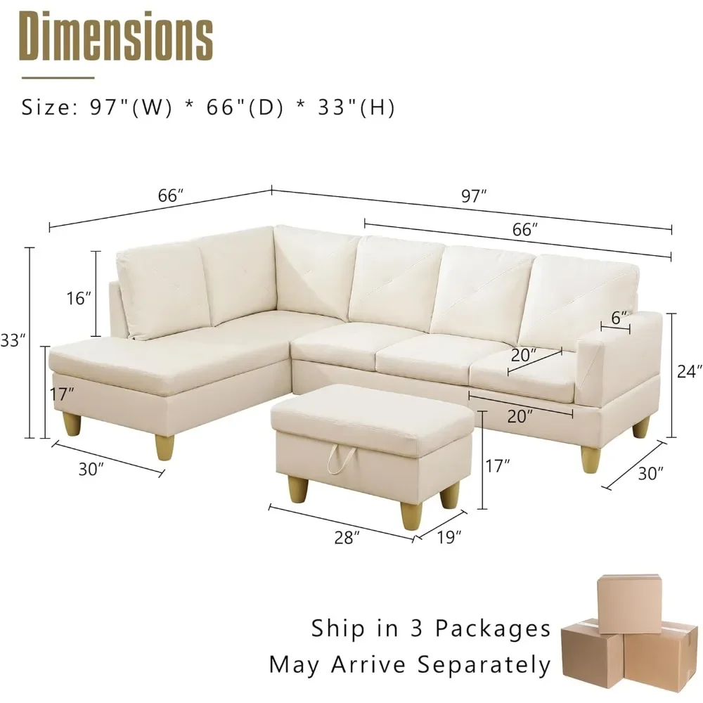 Convertible Sectional Sofa with Chaise, Faux Leather Modular Couch with Storage Ottoman, Convertible Sectional Sofa