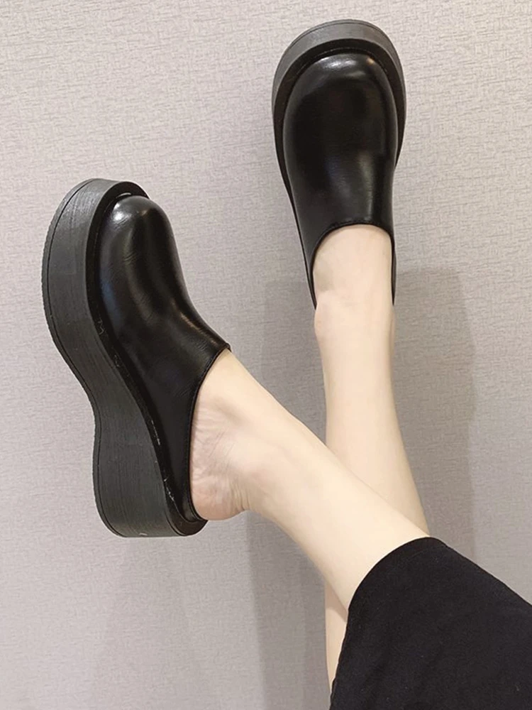 Shoes Women Cover Toe Female Slippers Slides Platform Square heel Med Fashion Soft 2023 Block Luxury Retro PU Hoof Heels