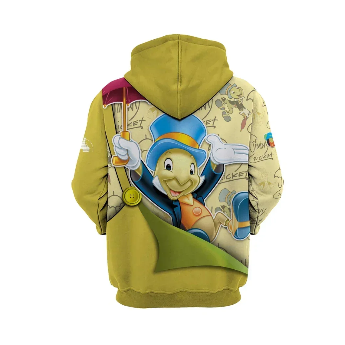 Disney jiminy cricket verde masculino feminino moletom com capuz 3d botão macacão padrões estilista unisex gráfico dos desenhos animados roupa