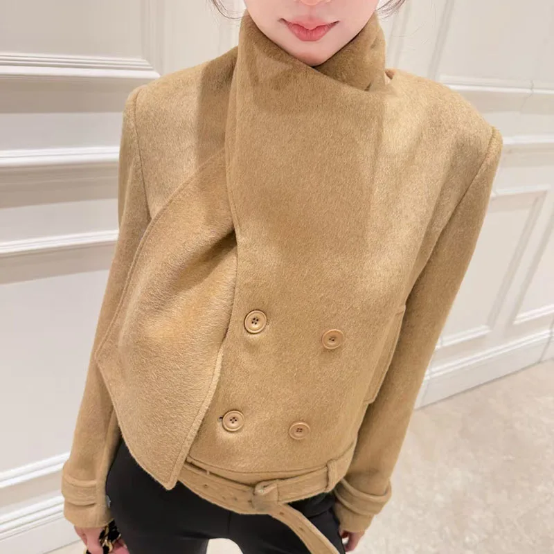 

Retro woolen short coat 2025 autumn/winter women's double-breasted waist-cinching and slimming fashionable jacket top