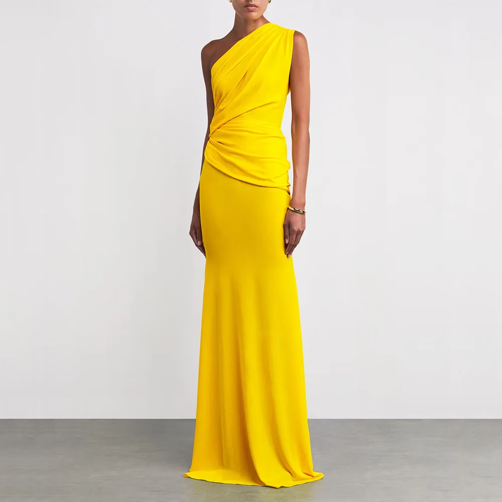 

One Shoulder Yellow Women's Evening Gown Sheath Formal Party Dress Sleeveless Saudi Dress Floor Length Prom Dress