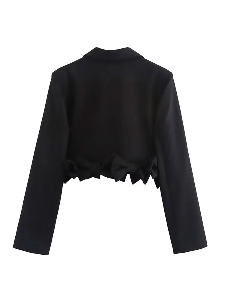 سترة نسائية أنيقة للربيع من HH سترة غير رسمية بلون سادة وياقة مقلوبة وأكمام طويلة مزينة بفيونكة 2025 معاطف مقصوصة عالية الشارع