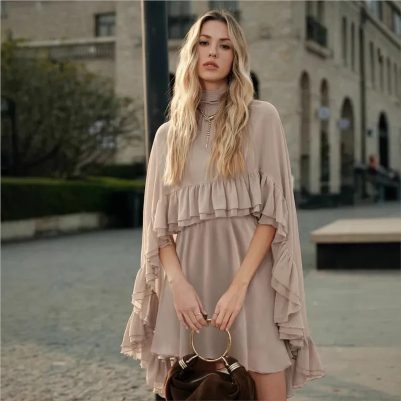 

Women's Fashion Inner Strap Mini Dress+Shawl jacket Two piece Set Spring/Summer New Elegant Solid Chiffon Dresses Set For Women