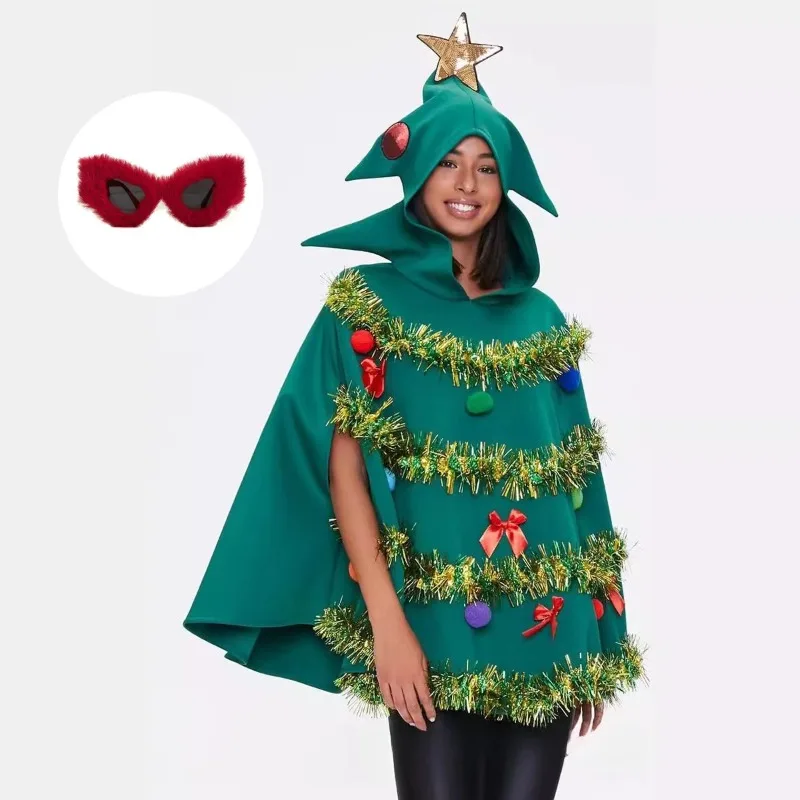 

Women Christmas Tree Cape Cosplay Costume Green Hooded Cloak Cape Tree Dress Red Glasses Suit for Carnival Party Roleplay Outfit