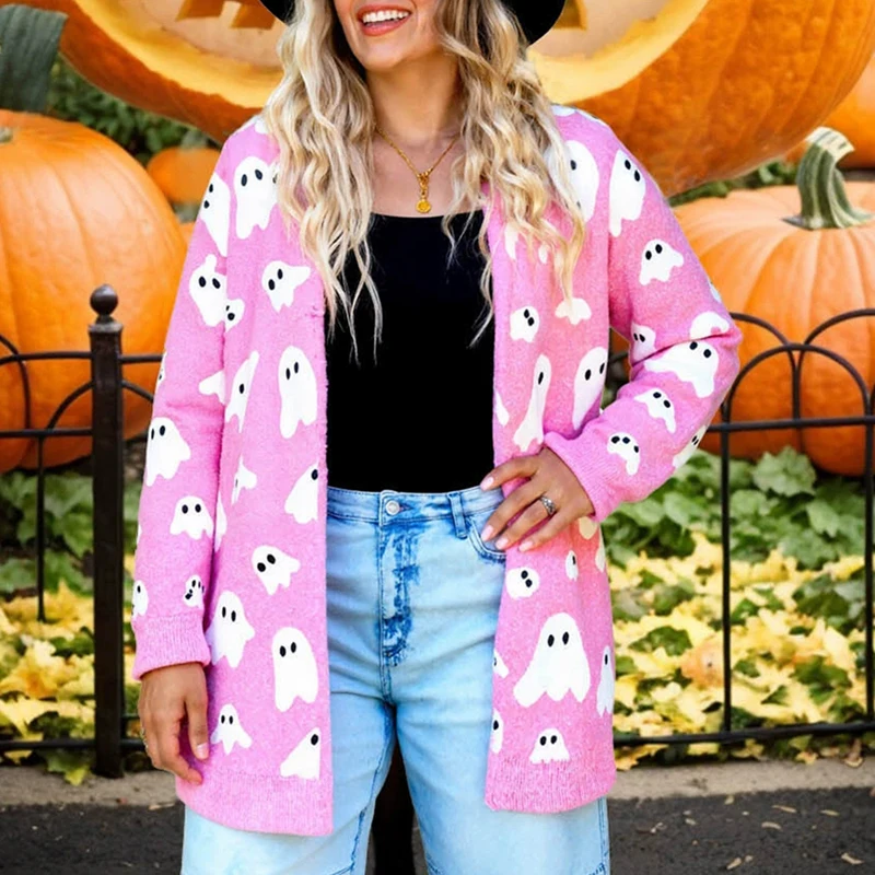 

Autumn Winter Fashion Street Sweater Jacket Elegant Halloween Ghost Pattern Cardigan Women Casual Long Sleeve Loose Knitted Coat