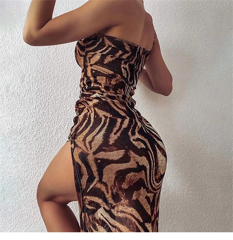 Leopard Printed Mermaid Summer Evening Dresses Sexy Sleeveless Side Split Holiday Bar Prom Party Dress Streetwear Robe De Mariée