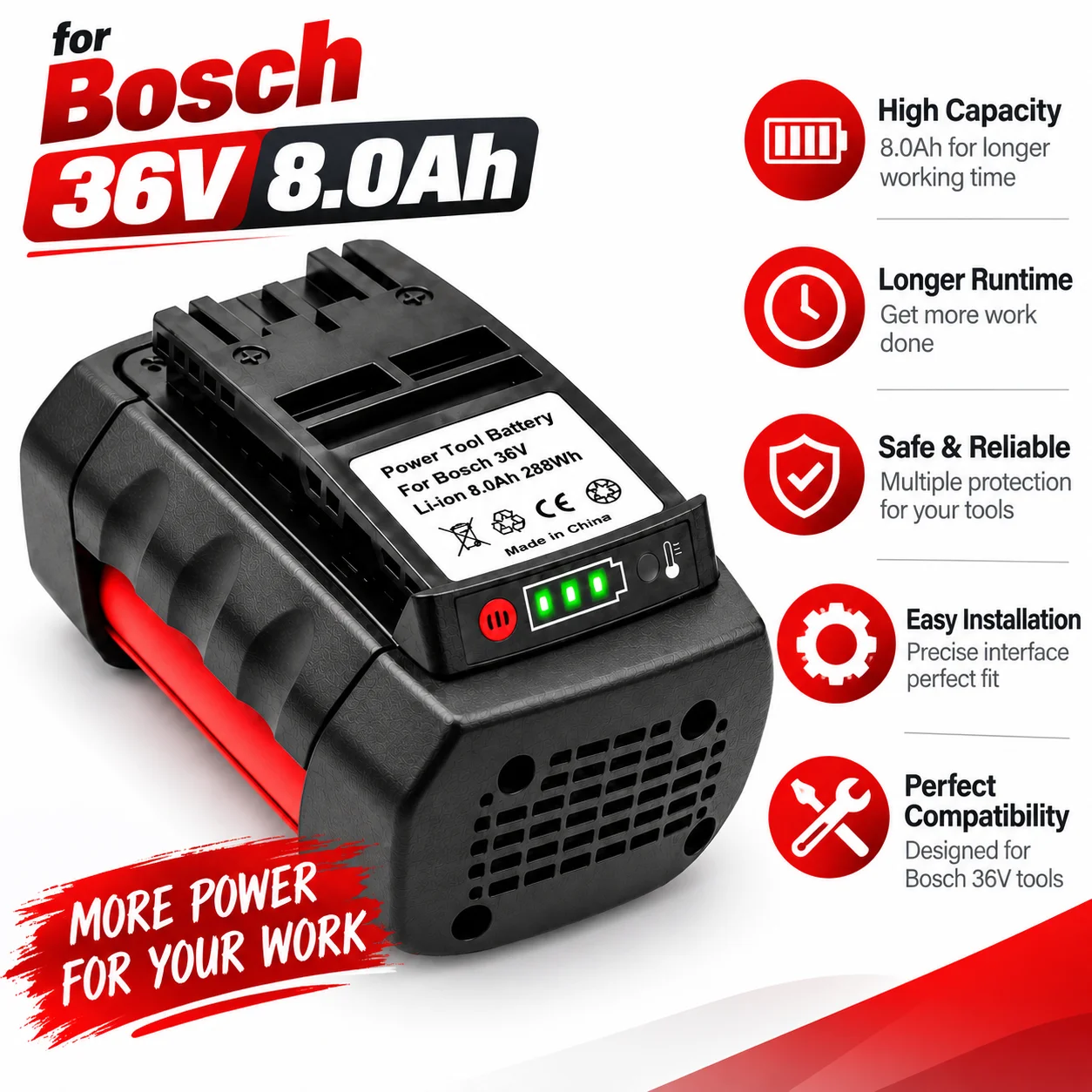 36V 8,0AH Ersatzakku für Bosch 36V Elektrowerkzeuge, Li-Ion-Akku mit hoher Kapazität und langer Laufzeit, LED-Anzeige, robustes ABS-Gehäuse, einfache Installation, kompatibler Akku für