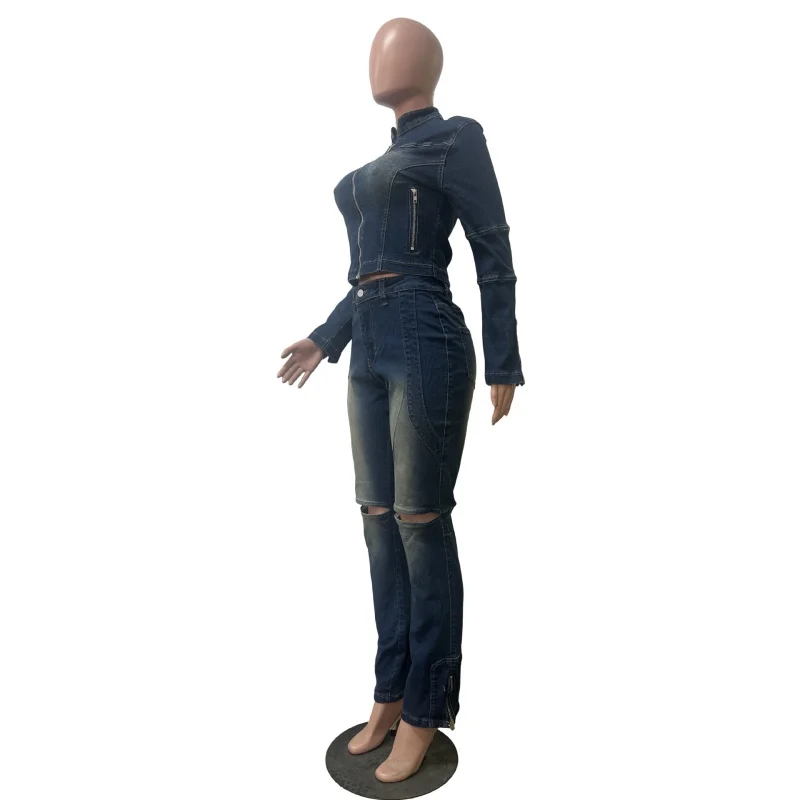 스트리트웨어 데님 투피스 세트 여성 의류 봄옷 여성 청자켓 탑 홀 스키니 진 팬츠 세트 카우보이 트랙수트