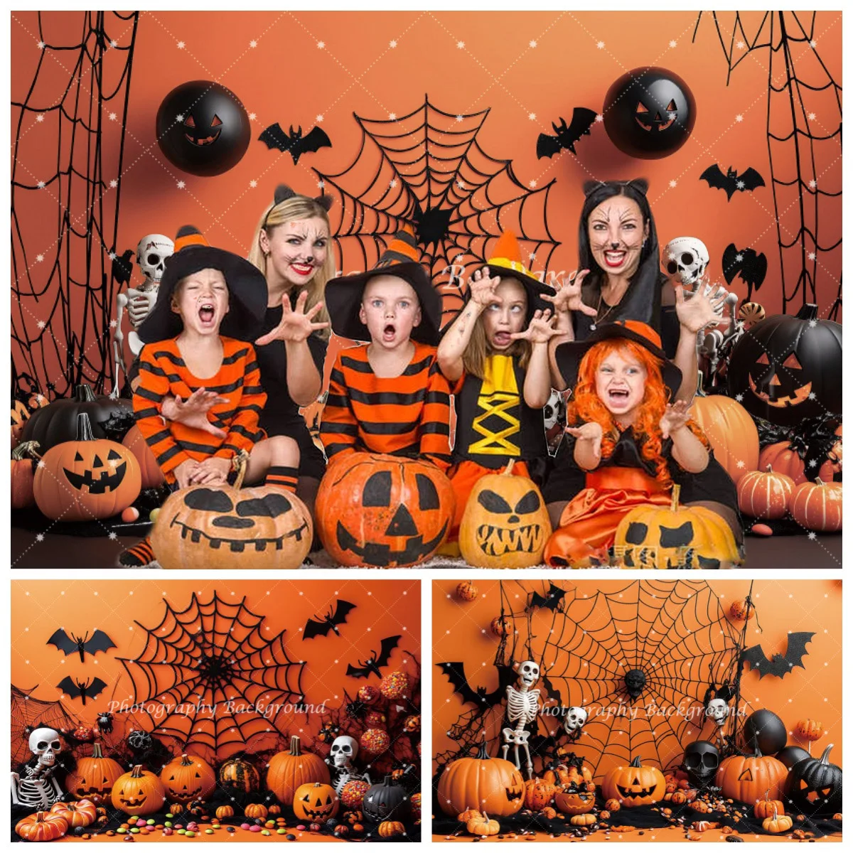 Halloween Decoration Backdrop Orange Theme Interior Pumpkin Skull Spider Web Bat Portrait Decor Backgrounds for Photographs