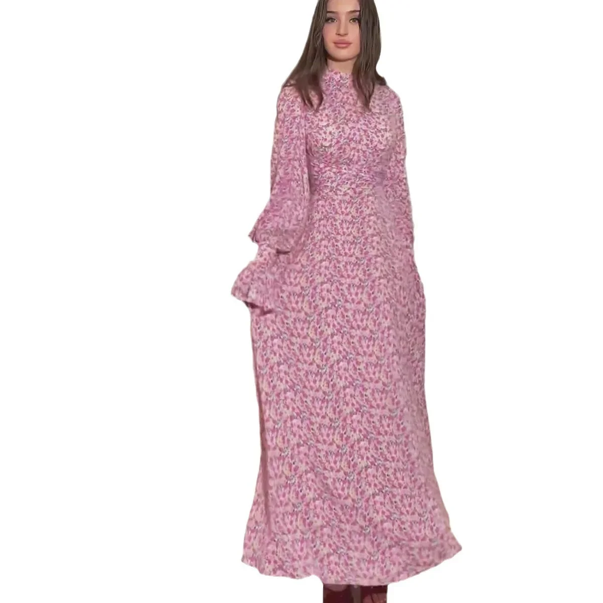 2024 Flowers Printed Long Woman Dress Long Sleeve Satin Ladies Clothing Half High Collar With Belt Maxi Vestido Gentle Style