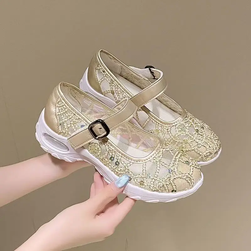 

Women's Thick Sole Baotou Mesh Sandals Soft Sole Non Slip Mary Jane Shoes Lightweight Velcro Height Increasing Sports Sandals