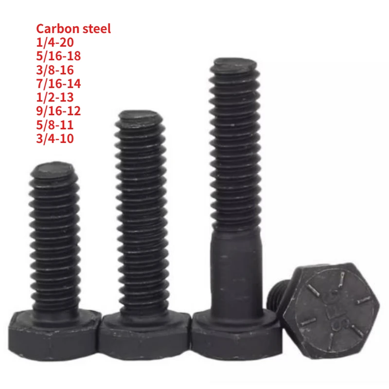 2-40pcs UNC Carbon Steel Hex Head Screws 1/4-20 To 3/4-10 UNF Full & Partial Threaded External Black Hexagon Head Bolts