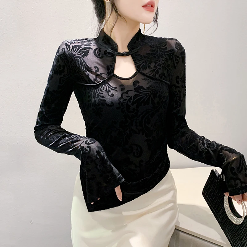 #7391 Black Vintage Mesh Long Sleeve T Shirt Women Stand Collar Chinese Style Irregular Tshirt Female Split Joint Short Tee Thin